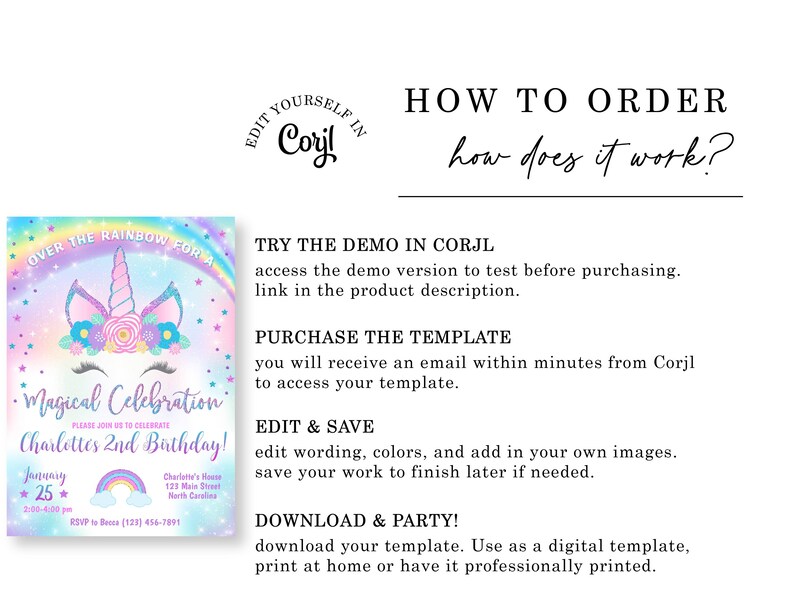 May include: A printable invitation for a child's birthday party. The invitation features a unicorn with a rainbow and stars. The text on the invitation reads "Magical Celebration" and "Charlotte's 2nd Birthday!"