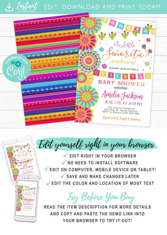 Fiesta Baby Shower Invitation, Girl Fiesta Baby Shower Party, Floral Mexican Fiesta Baby Shower Invite, Printable, DIY Il_570xn