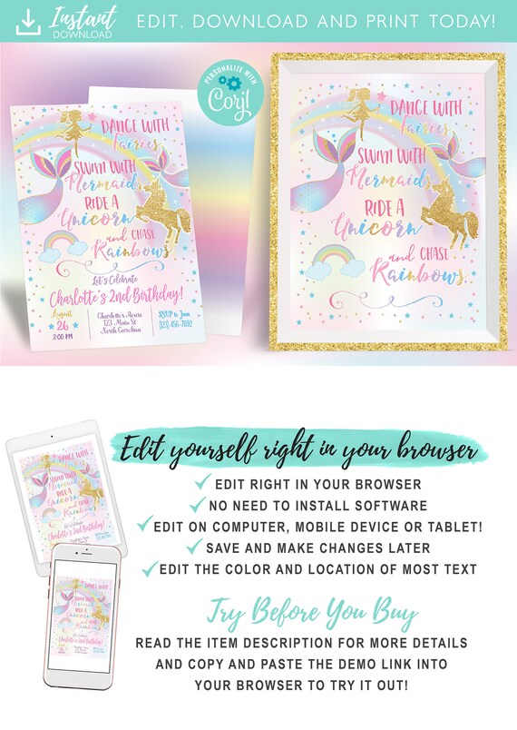Unicorn Mermaid and Fairy Birthday Invitation, Dance With Fairies Ride A Unicorn Swim With Mermaids Chase Rainbows Magical Party Sign Il_570xn