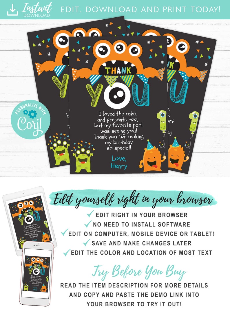 Monster Birthday Party Thank You Card, 1st Birthday, 2nd Birthday, Editable Template Instant Download image 2