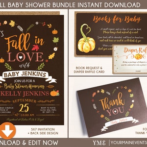 Fall Pumpkin Baby Shower Bundle Invitation, Book Request Card, Diaper Raffle Card, Thank You Card Instant Download Printable BS-F-02 image 1