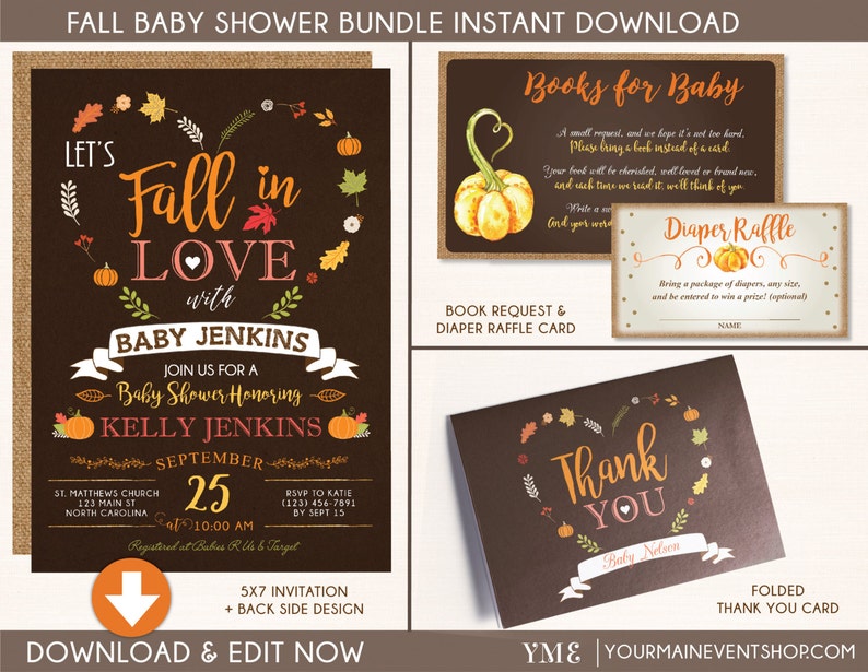 Fall Pumpkin Baby Shower Bundle Invitation, Book Request Card, Diaper Raffle Card, Thank You Card Instant Download Printable BS-F-02 image 1