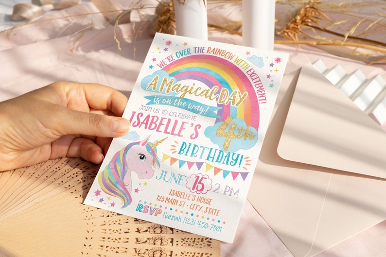 Unicorn Birthday Invitation, Unicorn Invitation, Rainbow Invitation, Rainbow Unicorn Birthday Invite Printable, Unicorn Party image 1