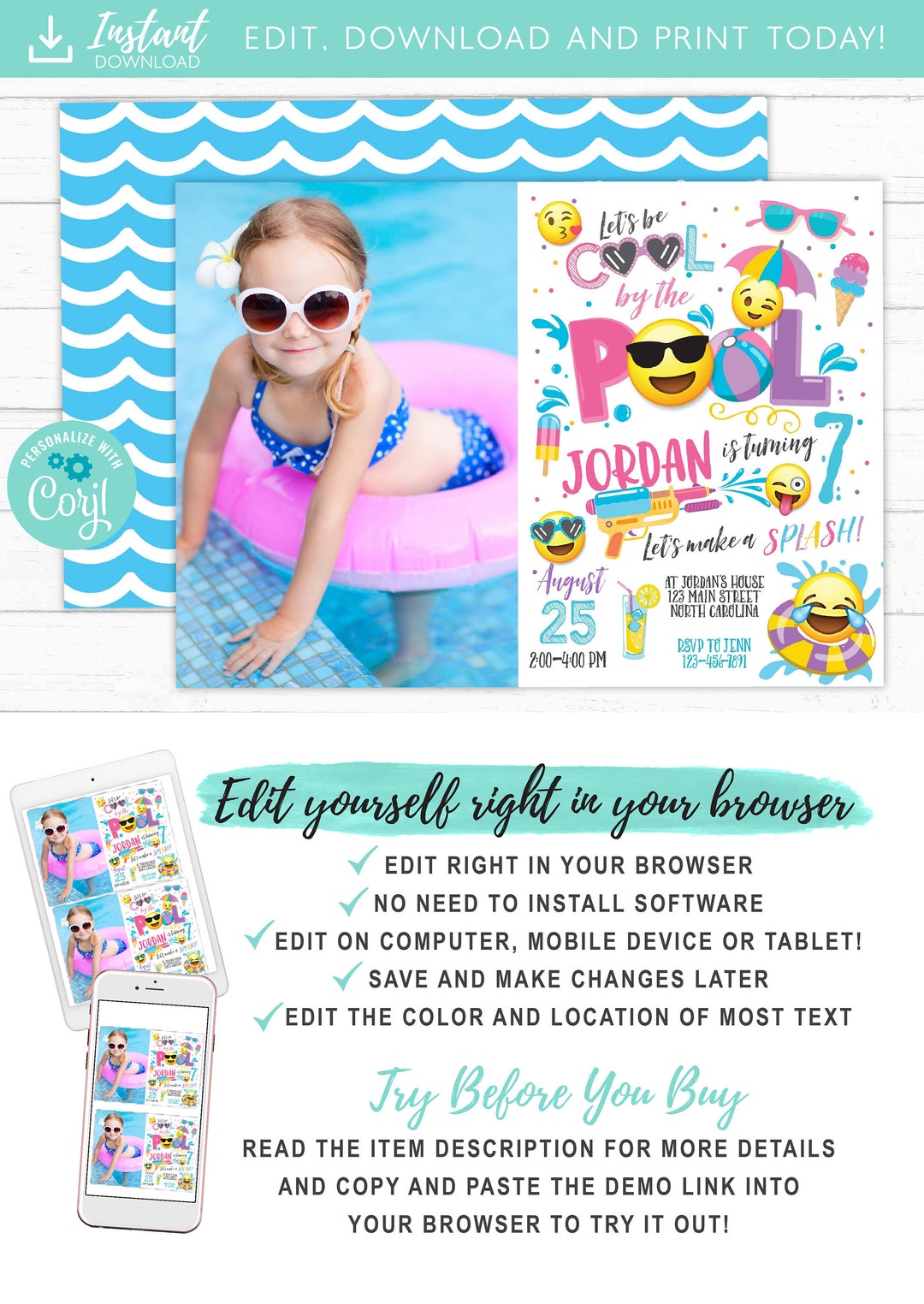 Emoji Pool Party Invitation Pool Party Birthday Invitation Photo Girl ...