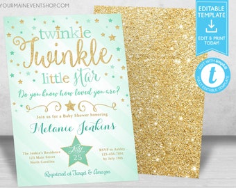 Mint and Gold Twinkle Twinkle Little Star Baby Shower Invitation, Twinkle Twinkle Shower Invitation, Gender Reveal, Neutral Baby Shower