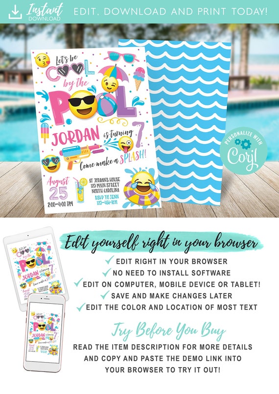 Emoji Pool Party Invitation Pool party birthday invitation Girl Emoji ...