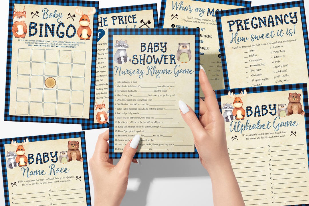 Blue Woodland Lumberjack Baby Shower Games Baby Sprinkle Games Bingo ...