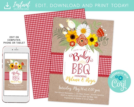 Baby BBQ Invitation, Baby Shower Invite, Baby Q Barbeque Summer Invition Printable, Mason Jar Floral Il_570xn