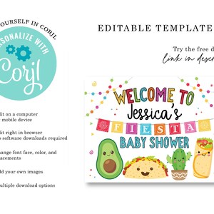 May include: A printable welcome sign for a baby shower with a fiesta theme. The sign features a colorful welcome message, the name "Jessica's", and the words "Fiesta Baby Shower". The sign also includes illustrations of a taco, avocado, and a burrito.