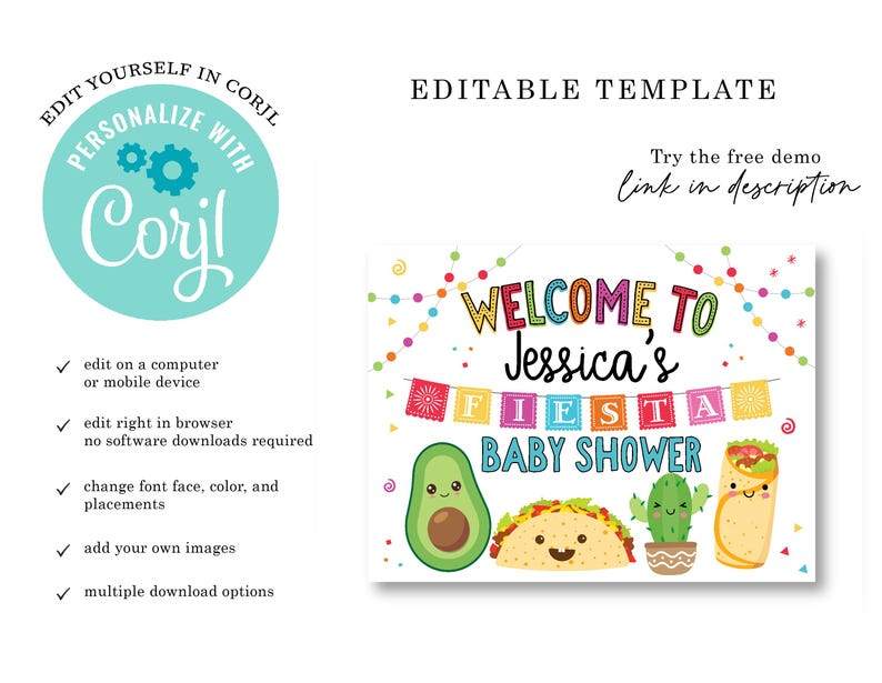May include: A printable welcome sign for a baby shower with a fiesta theme. The sign features a colorful welcome message, the name "Jessica's", and the words "Fiesta Baby Shower". The sign also includes illustrations of a taco, avocado, and a burrito.