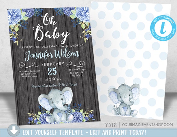 Boy Elephant Baby Shower Invitation, Boy Blue Elephant Baby Shower, Blue Flowers Jungle Baby Shower Invite, It's a Boy Instant Download Il_570xn