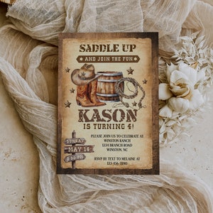 Saddle Up Country Western Invitation, Rustic Wood, Cowboy Hat and Lasso, Cowboy Birthday Invitation, Printable, Instant Download image 3