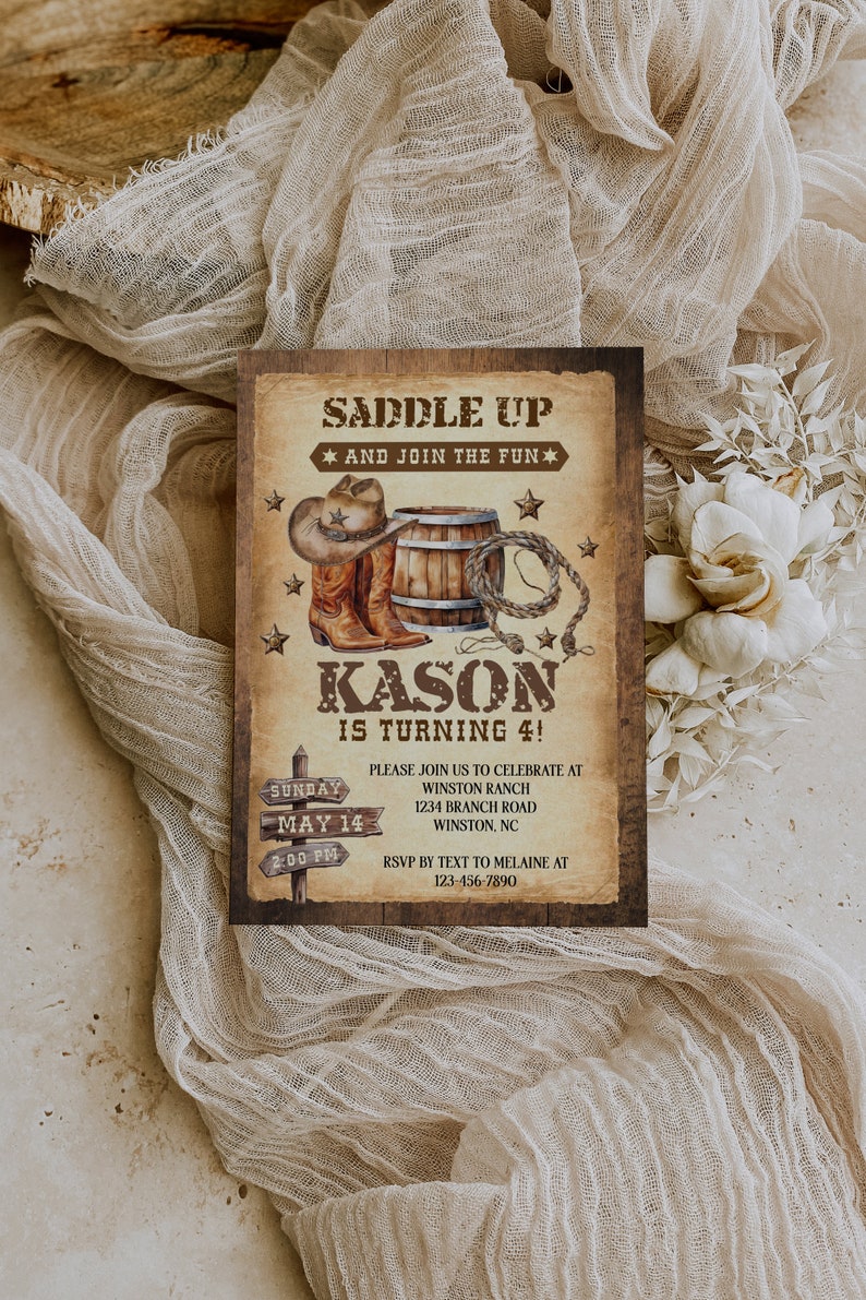 Saddle Up Country Western Invitation, Rustic Wood, Cowboy Hat and Lasso, Cowboy Birthday Invitation, Printable, Instant Download image 3
