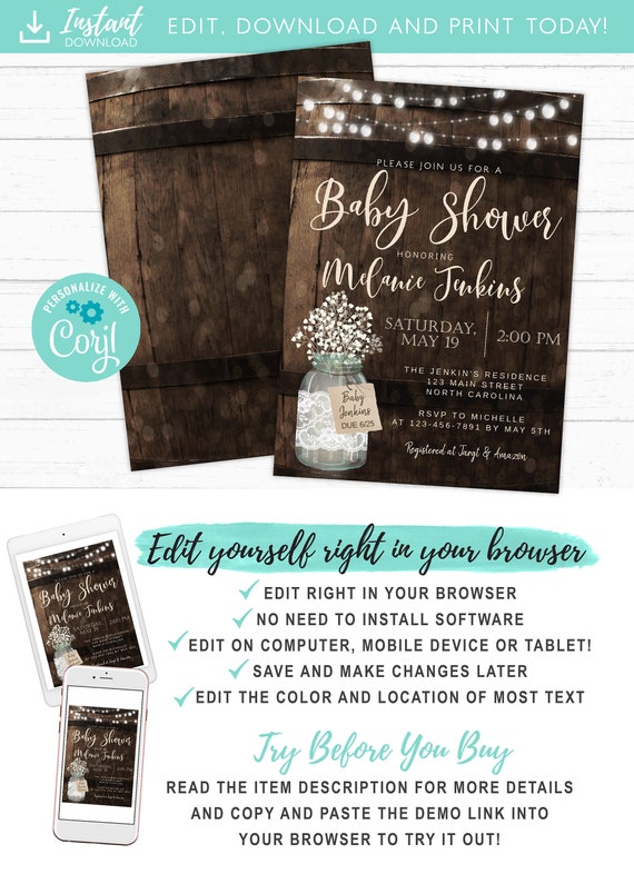 country-rustic-baby-shower-invitation-lace-mason-jar-wood-barrel