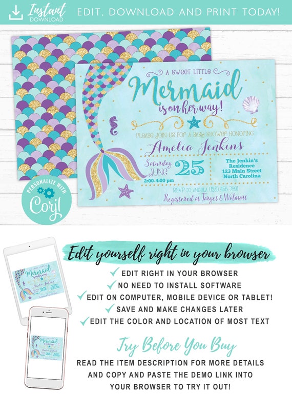 Mermaid Baby Shower Invitation, Little Mermaid on the way Baby Shower