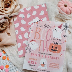 Onze Little BOO wordt twee verjaardagsuitnodiging met Halloween-thema | Bewerkbare sjabloon | 5x7