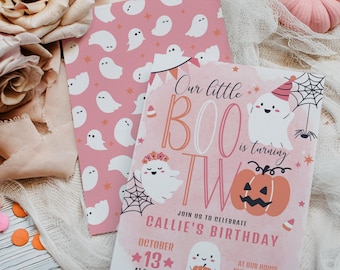 May include: Pink and orange Halloween birthday invitation with a ghost and pumpkin design. The invitation says "Our little BOO is turning TWO" and includes the date, time, and location of the party. RSVP to Ashley at 123-456-7891.