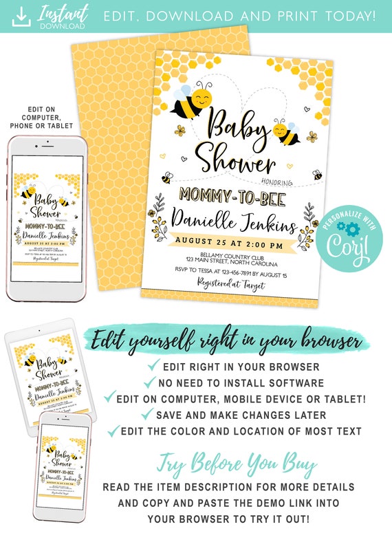 Bee Baby Shower Invitation, Mommy to Bee, Yellow Neutral Baby Shower Invitation, Diaper Raffle, Book Request Card Instant Download Il_570xn