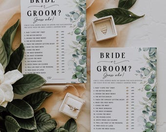 50 Printed Bridal Shower Games: Bride or Groom Guess Who Trivia For Wedding Guests, Eucalyptus Greenery Theme