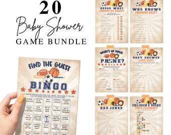 All Star Sports Baby Shower Games Bundle, Sports Themed Games and Activities, Party Favors