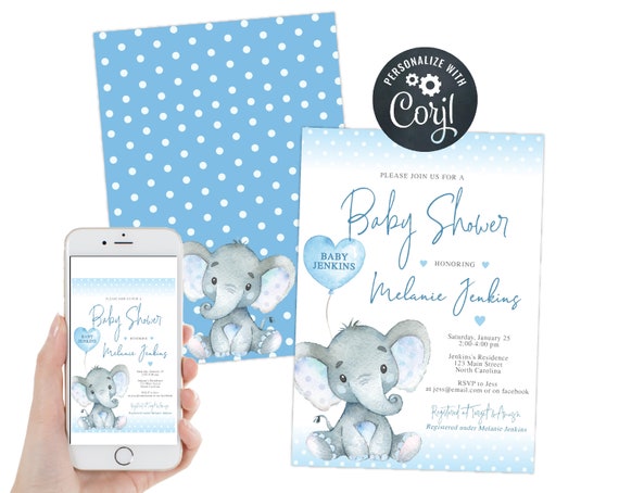 Elephant Boy Baby Shower Invitation, Drive By Virtual Zoom Evite Invite, DIY Instant Download Template Il_570xn
