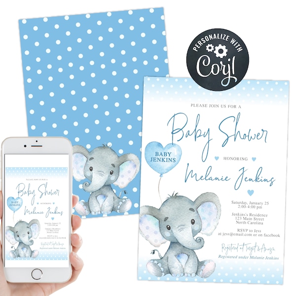 Elephant Boy Baby Shower Invitation, Drive By Virtual Zoom Evite Invite, DIY Instant Download Template