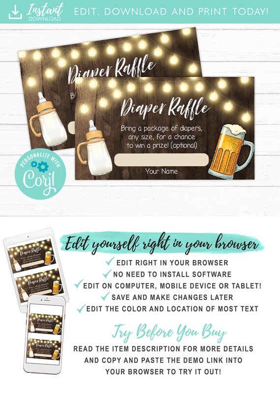 A Baby Is Brewing Diaper Raffle Card, Beer and Baby Bottle Diaper Raffle Tickets Editable Template Printable Il_570xn