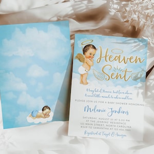 Invitation de fête de naissance garçon envoyé par le ciel | Nuages et mignons invitation de baby shower d'ange | Demande de livre et cartes pour le tirage de couches