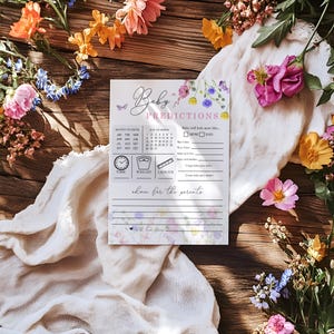 Kaart Wildflower-babyvoorspelling, kaart met advies en wensen voor ouders, babyshowerspelletjes, genderneutrale babyshower