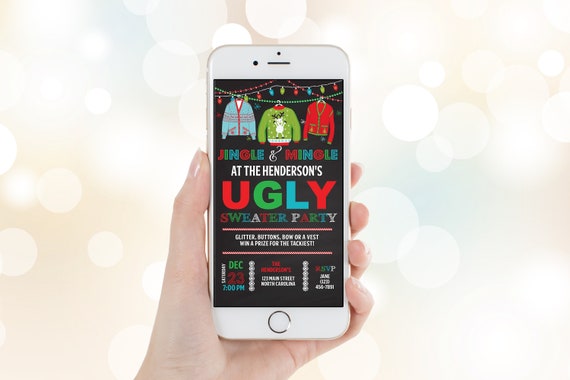 Ugly Sweater Christmas Party Evite Invitation, Tacky Digital Invite For Texting or Emailing, Virtual party Il_570xn