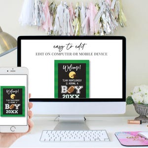 May include: A green and black welcome sign with a football graphic and the text "Welcome! Team Montgomery is adding a boy 20XX".