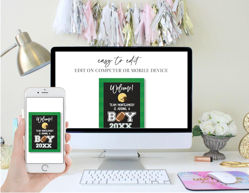 May include: A green and black welcome sign with a football graphic and the text "Welcome! Team Montgomery is adding a boy 20XX".