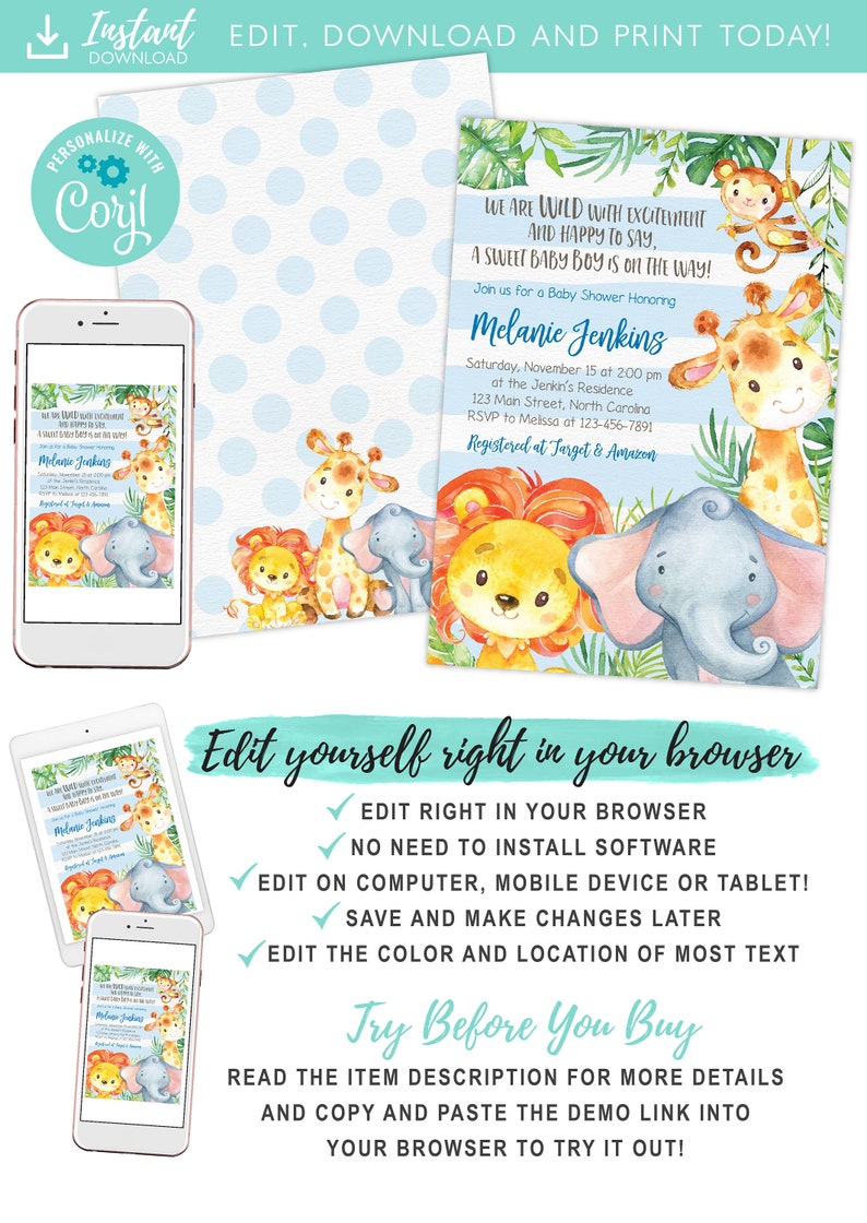 Jungle Baby Shower Invitation Boy Baby Shower Invitation Etsy