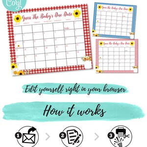 Op de afbeelding: Printbare babyshower-spelkaart met een rood-witte ruitjesachtergrond. De kaart heeft een kalender met de tekst "Raad de uitgerekende datum van de baby" en een zonnebloemgrafiek. De kaart is aanpasbaar en kan thuis worden afgedrukt.