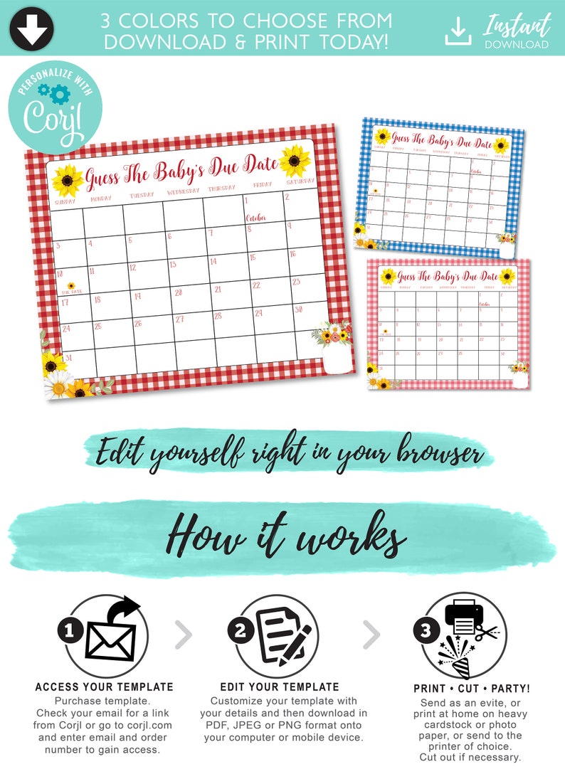 Op de afbeelding: Printbare babyshower-spelkaart met een rood-witte ruitjesachtergrond. De kaart heeft een kalender met de tekst "Raad de uitgerekende datum van de baby" en een zonnebloemgrafiek. De kaart is aanpasbaar en kan thuis worden afgedrukt.