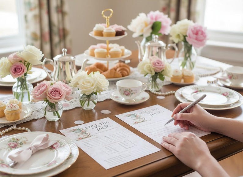 Op de afbeelding: Een theefeestje met bloemstukken, cupcakes en gebak. Zilveren theepotten, kopjes en borden zijn op een houten tafel geplaatst. Twee vellen papier met de tekst "Spill the Tea" liggen op de tafel.