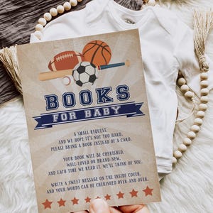Carte de demande de livre pour baby shower All Star Sports - carte de baseball garçon, football, basket-ball, livres pour bébé, téléchargement immédiat