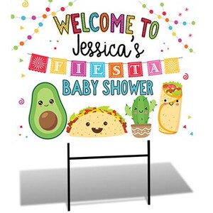 May include: Welcome to Jessica's Fiesta Baby Shower yard sign with colorful decorations, a cartoon avocado, taco, cactus, and burrito.