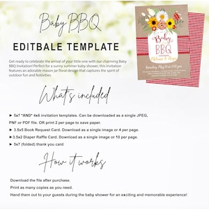 May include: Editable template for a baby shower invitation. The invitation features a mason jar with flowers and the text "Join us for a Baby BBQ". The background is a red and white gingham pattern.