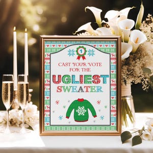 May include: A printable sign with a festive, colorful, knitted pattern border. The sign says "Cast your vote for the Ugliest Sweater" with a cartoon sweater illustration.