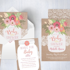 Faire-part de fête prénatale, invitation de fête prénatale rustique en kraft et dentelle avec pot Mason, imprimable, floral printemps-été fille, barbecue pour bébé