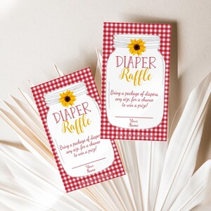 May include: Two red and white gingham patterned cards with a sunflower and mason jar design. The text on the cards reads "Diaper Raffle" and "Bring a package of diapers, any size, for a chance to win a prize!"