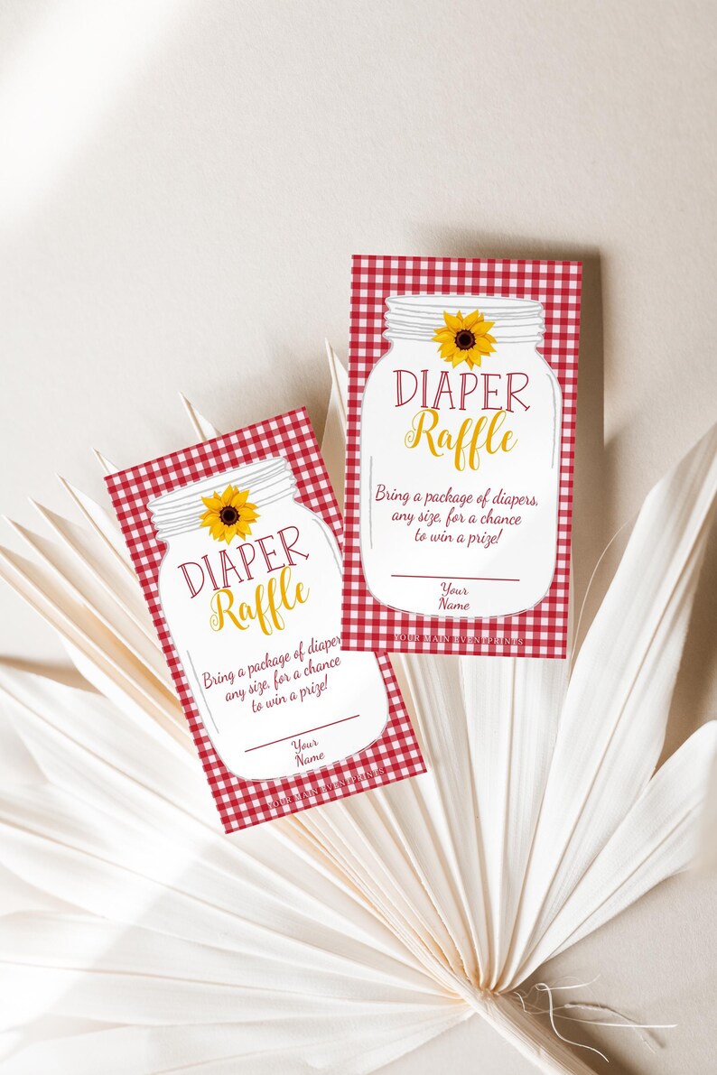 May include: Two red and white gingham patterned cards with a sunflower and mason jar design. The text on the cards reads "Diaper Raffle" and "Bring a package of diapers, any size, for a chance to win a prize!"