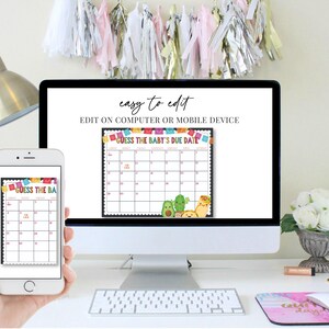 May include: A digital printable calendar with a colorful Mexican fiesta theme. The calendar is titled "Guess the Baby's Due Date" and features avocado and taco illustrations. The calendar is displayed on a computer screen and a smaller version is shown on a mobile phone.