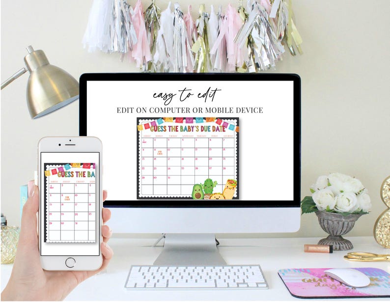 May include: A digital printable calendar with a colorful Mexican fiesta theme. The calendar is titled "Guess the Baby's Due Date" and features avocado and taco illustrations. The calendar is displayed on a computer screen and a smaller version is shown on a mobile phone.