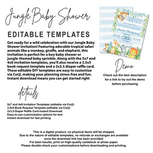 May include: Editable templates for a jungle baby shower invitation, book request, and diaper raffle card. The invitation features a blue and white striped background with a monkey, giraffe, and elephant. The text "Jungle Baby Shower" is in a green font. The text "Editable Templates" is in a black font. The text "Amelia Montgomery" is in a black font. The text "August 25" is in a black font. The text "Demo" is in a black font. The text "Check out the item description for a link to try out the demo before purchasing" is in a black font.