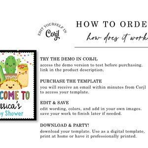 May include: A printable welcome to baby shower invitation with a black background and colorful confetti. The invitation features a cartoon avocado, cactus, and taco with a smiling face. The text reads "Welcome to Jessica's Baby Shower".