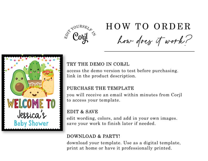 May include: A printable welcome to baby shower invitation with a black background and colorful confetti. The invitation features a cartoon avocado, cactus, and taco with a smiling face. The text reads "Welcome to Jessica's Baby Shower".