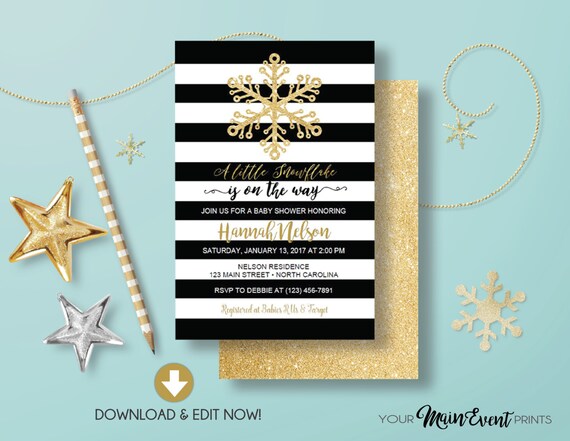 Snowflake Baby Shower Invitation, Black and Gold Winter Snowflake Christmas Baby Shower Invite Instant Download Il_570xn