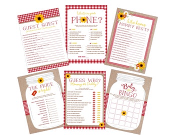 Baby BBQ Baby Shower Games, Sunflower Country Barbeque BabyQ, Bingo, Price Is Right, Who Knows Momma, Find The Guest, Instant Download